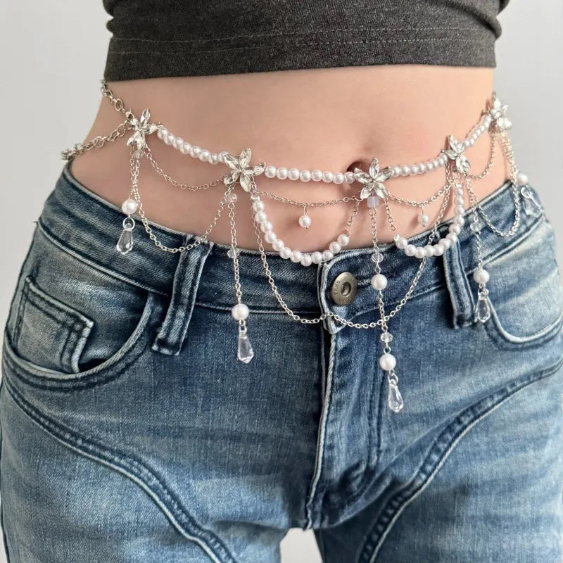 Multi-Layer Pearl Flower Waterdrop Tassel Waist Chain