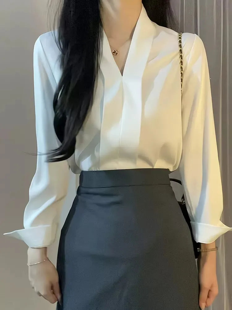 Women’s Elegant V-Neck Blouse – Solid White Long Sleeve Slim Fit Office Shirt