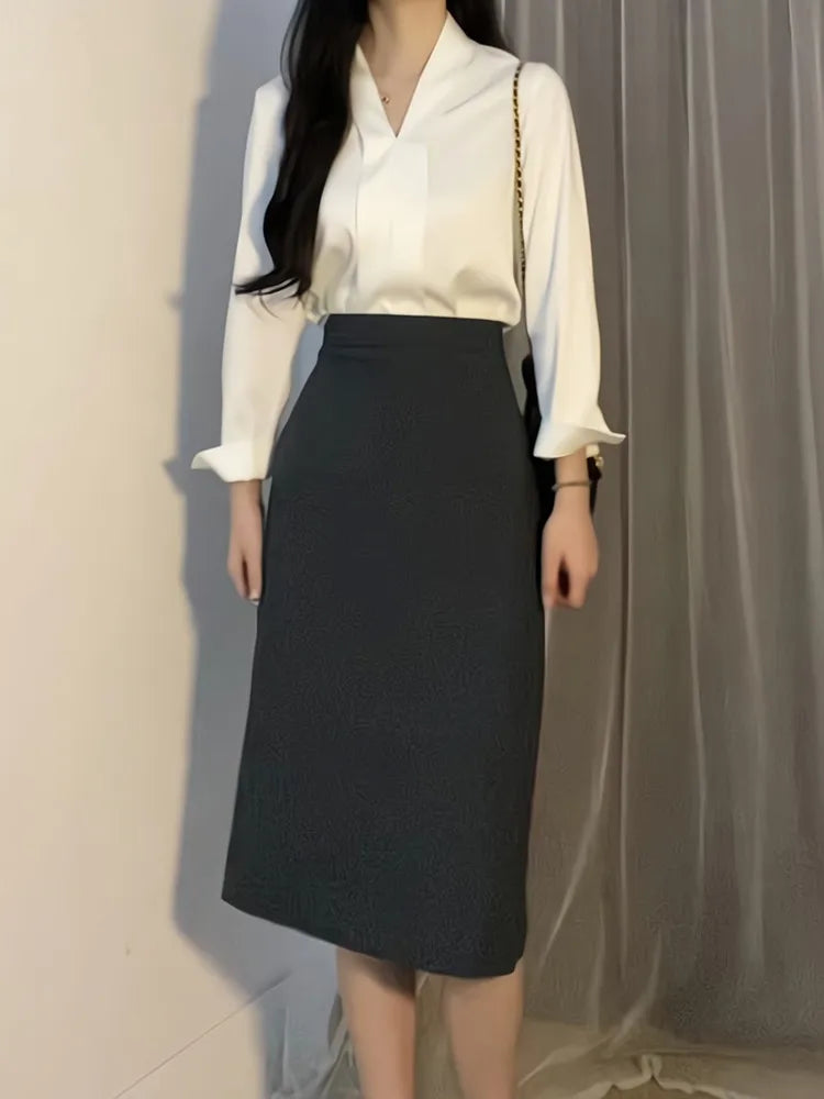 Women’s Elegant V-Neck Blouse – Solid White Long Sleeve Slim Fit Office Shirt