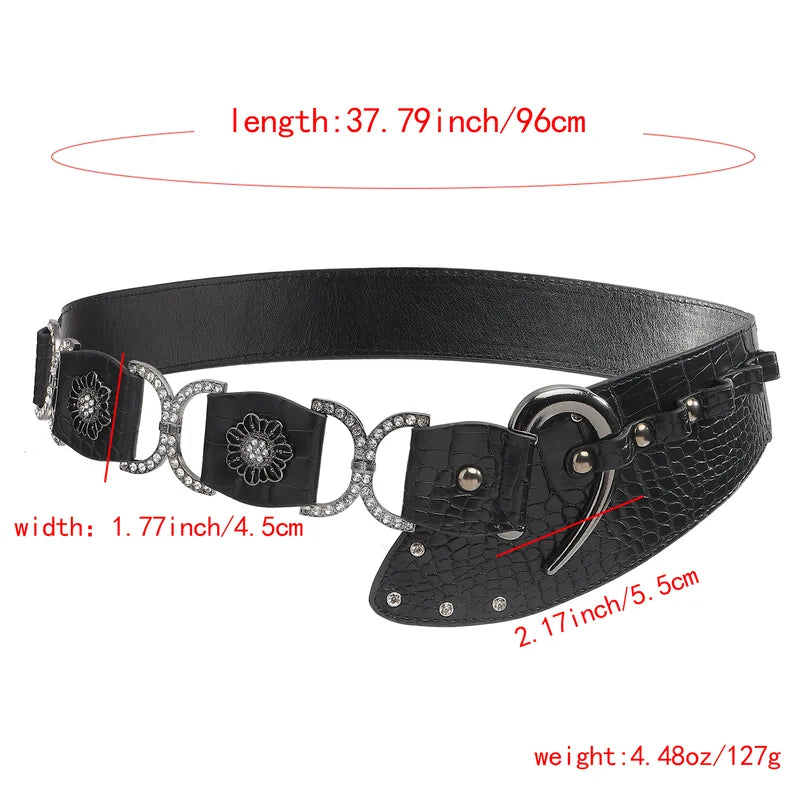 Gothic Bohemian Leather Belt – Black Croc-Embossed Wide Waist Belt with Alloy Buckle & Rhinestone Accents