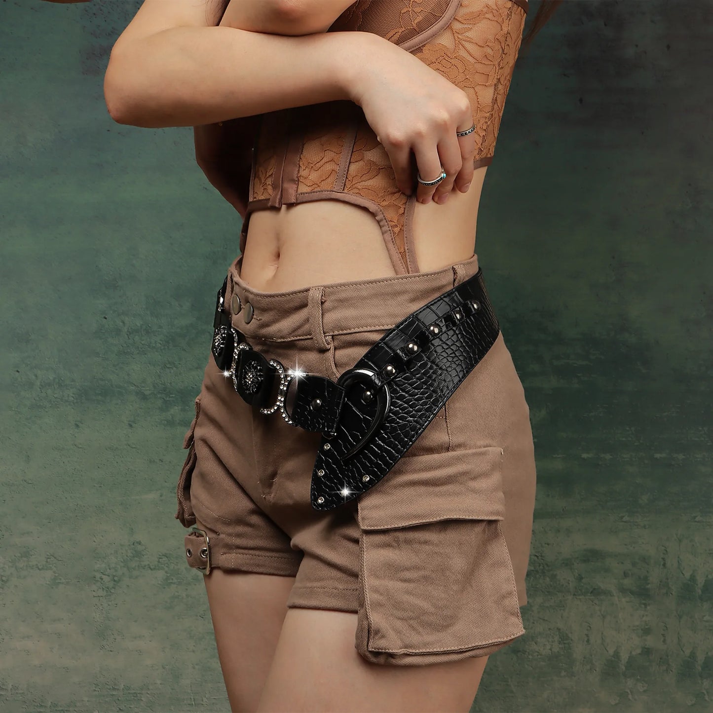 Gothic Bohemian Leather Belt – Black Croc-Embossed Wide Waist Belt with Alloy Buckle & Rhinestone Accents