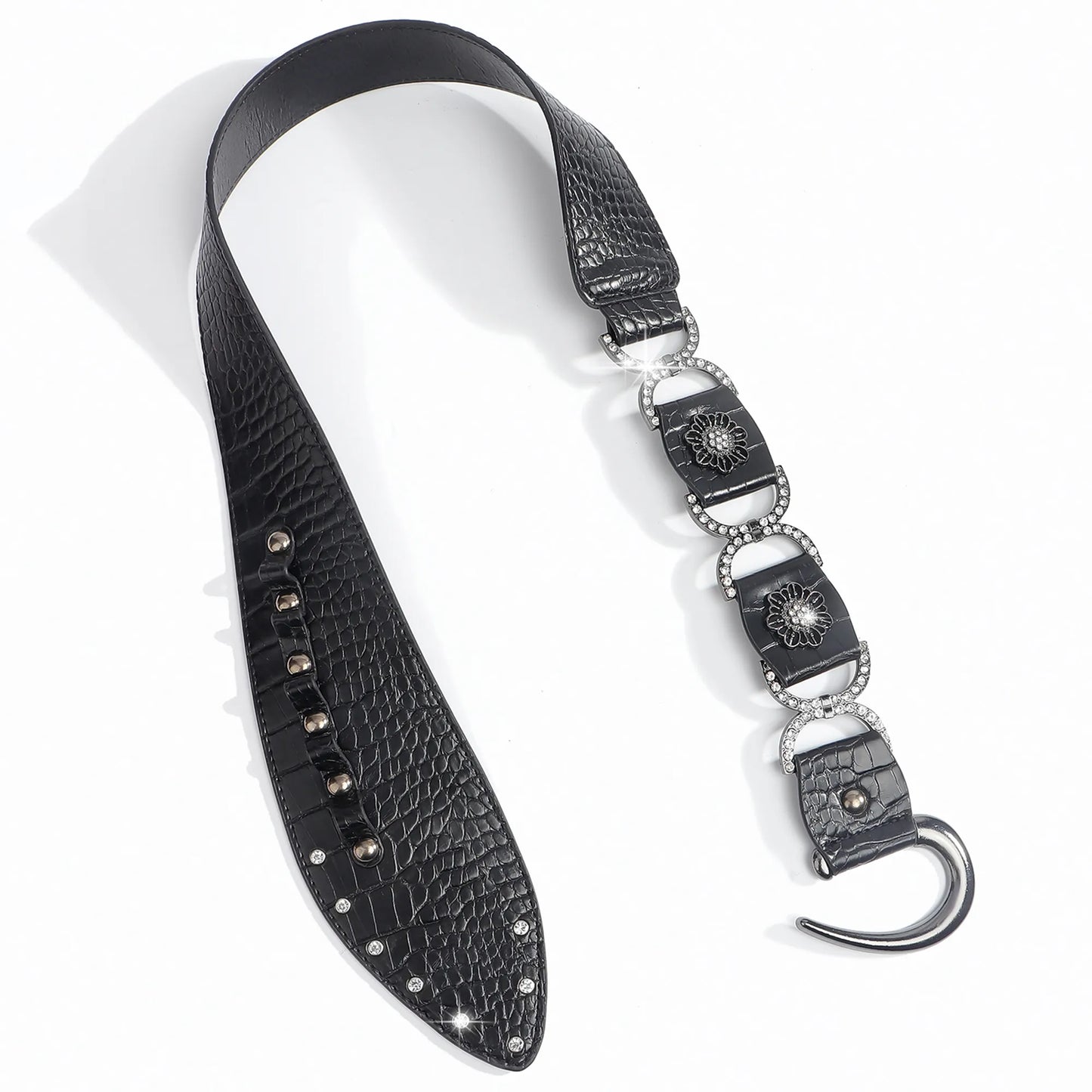 Gothic Bohemian Leather Belt – Black Croc-Embossed Wide Waist Belt with Alloy Buckle & Rhinestone Accents