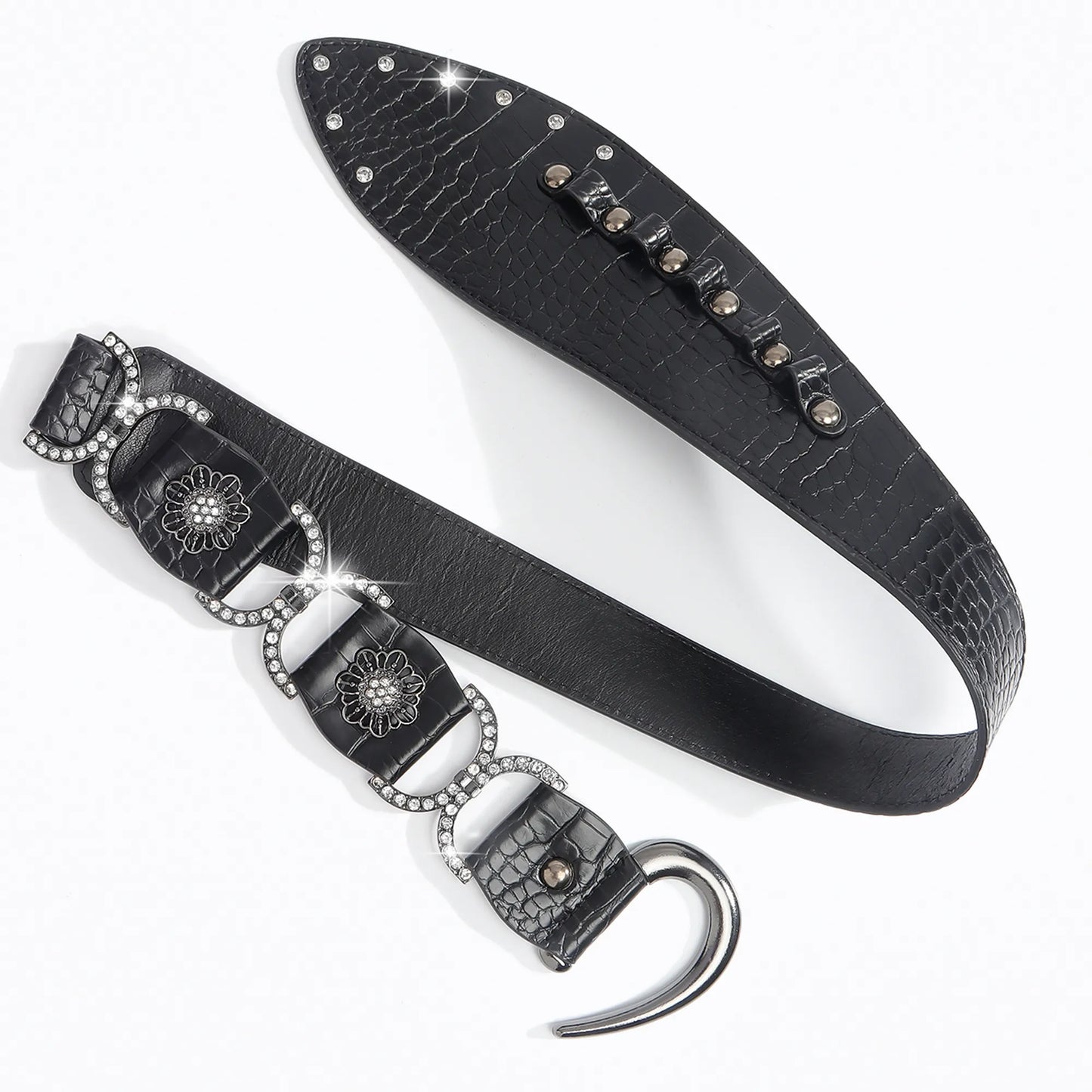 Gothic Bohemian Leather Belt – Black Croc-Embossed Wide Waist Belt with Alloy Buckle & Rhinestone Accents
