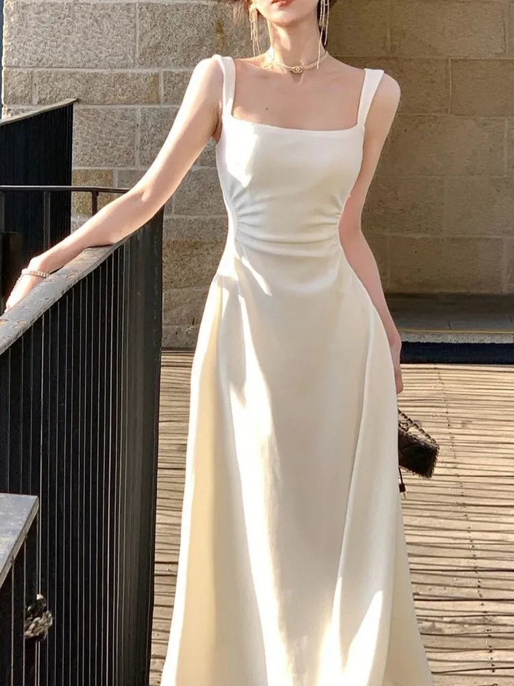 Women's Elegant White Square Neck Sleeveless Maxi Dress – French Slim Fit Evening Long Dress