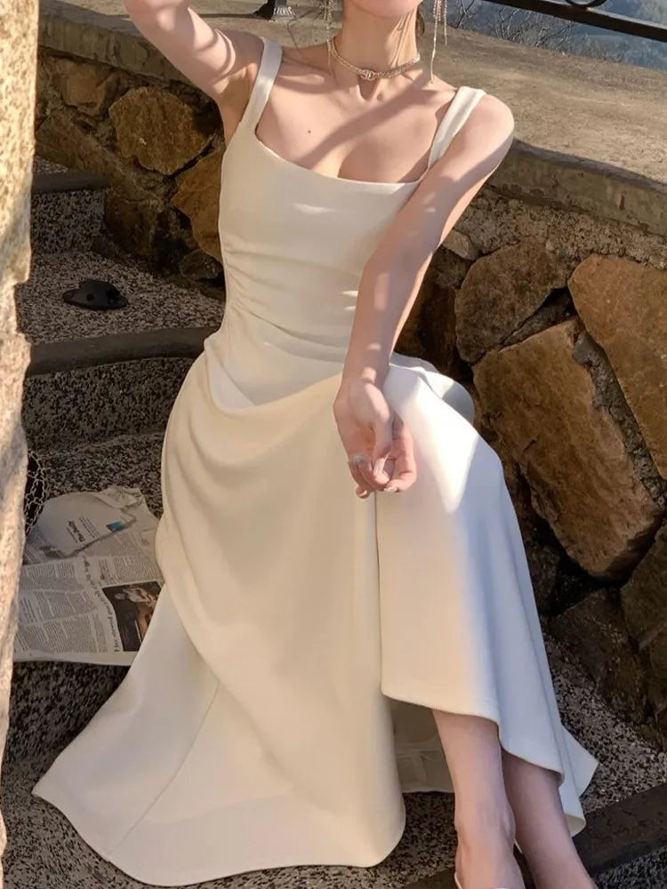 Women's Elegant White Square Neck Sleeveless Maxi Dress – French Slim Fit Evening Long Dress