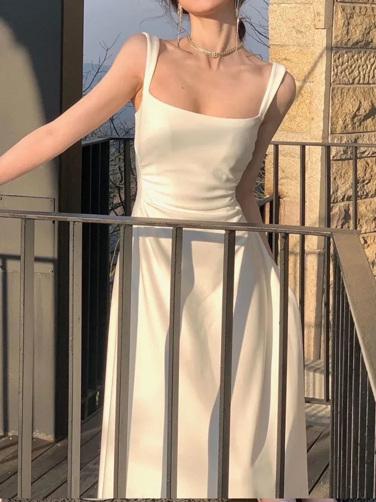 Women's Elegant White Square Neck Sleeveless Maxi Dress – French Slim Fit Evening Long Dress