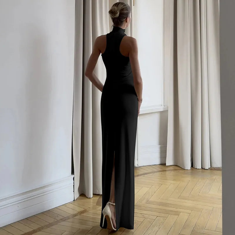 Elegant Black High-Neck Sleeveless Slim Fit Maxi Dress – Women's Formal Evening & Party Gown