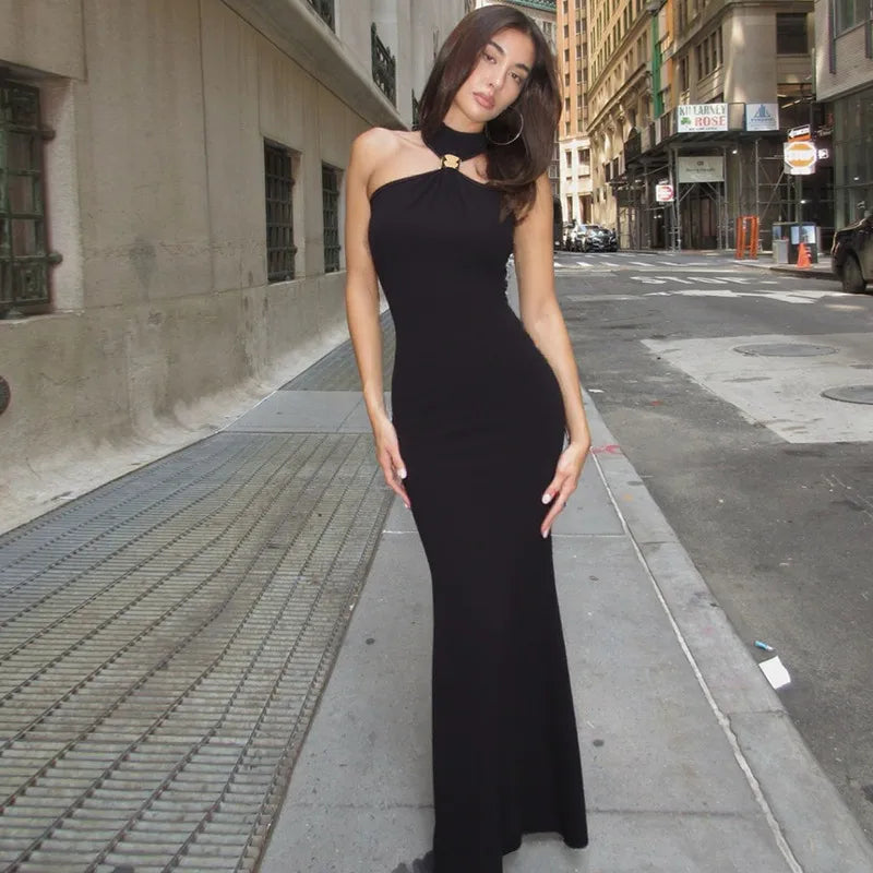 Elegant Black High-Neck Sleeveless Slim Fit Maxi Dress – Women's Formal Evening & Party Gown