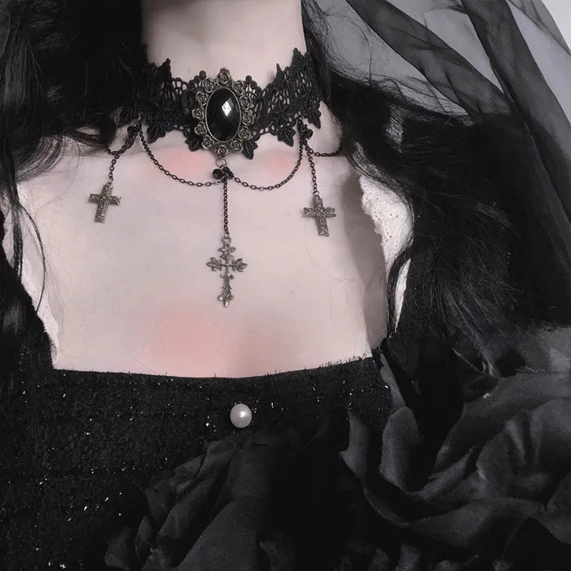 Gothic Dark Lolita Lace Cross Punk Clavicle Chain Choker Neck Collar Female