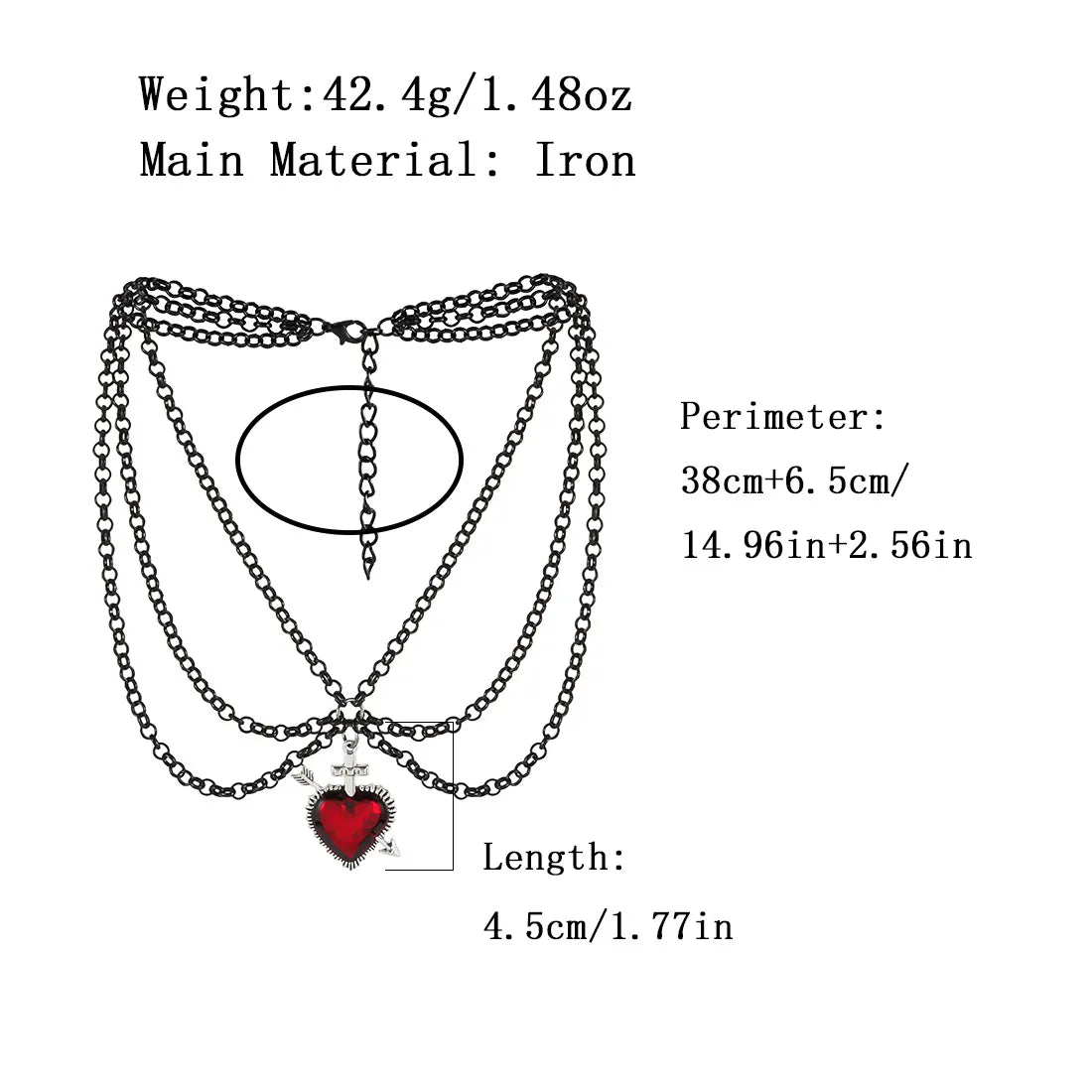 “Gothic Retro Heart Necklace – Black Layered Chain Choker with Red Sacred Heart Pendant