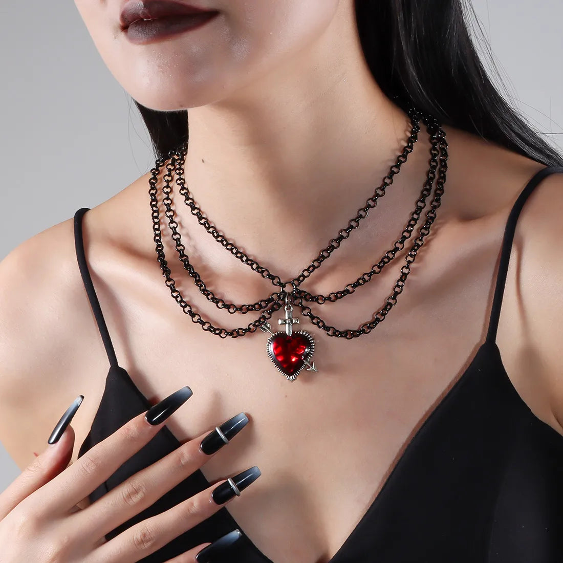 “Gothic Retro Heart Necklace – Black Layered Chain Choker with Red Sacred Heart Pendant