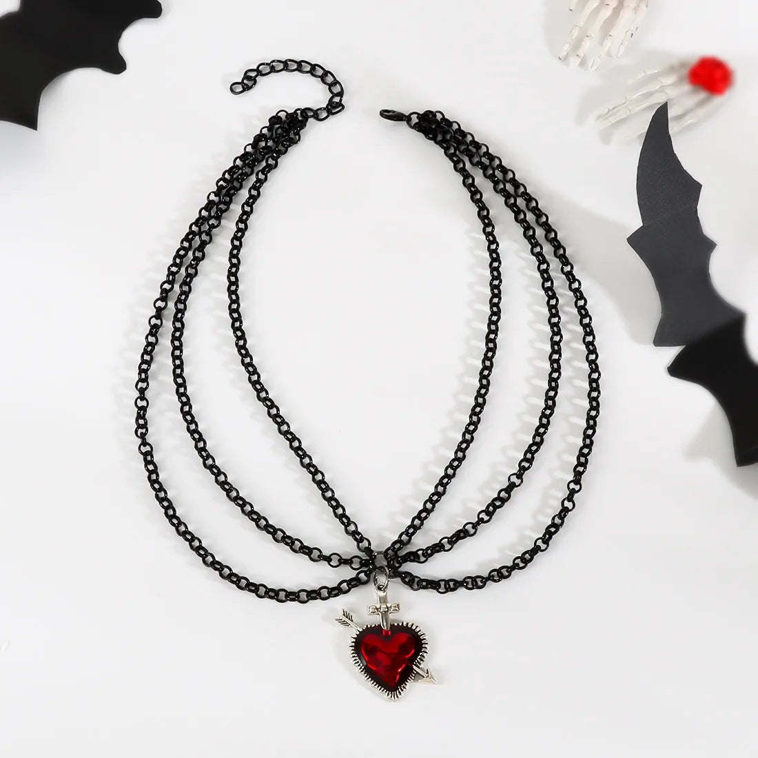 “Gothic Retro Heart Necklace – Black Layered Chain Choker with Red Sacred Heart Pendant