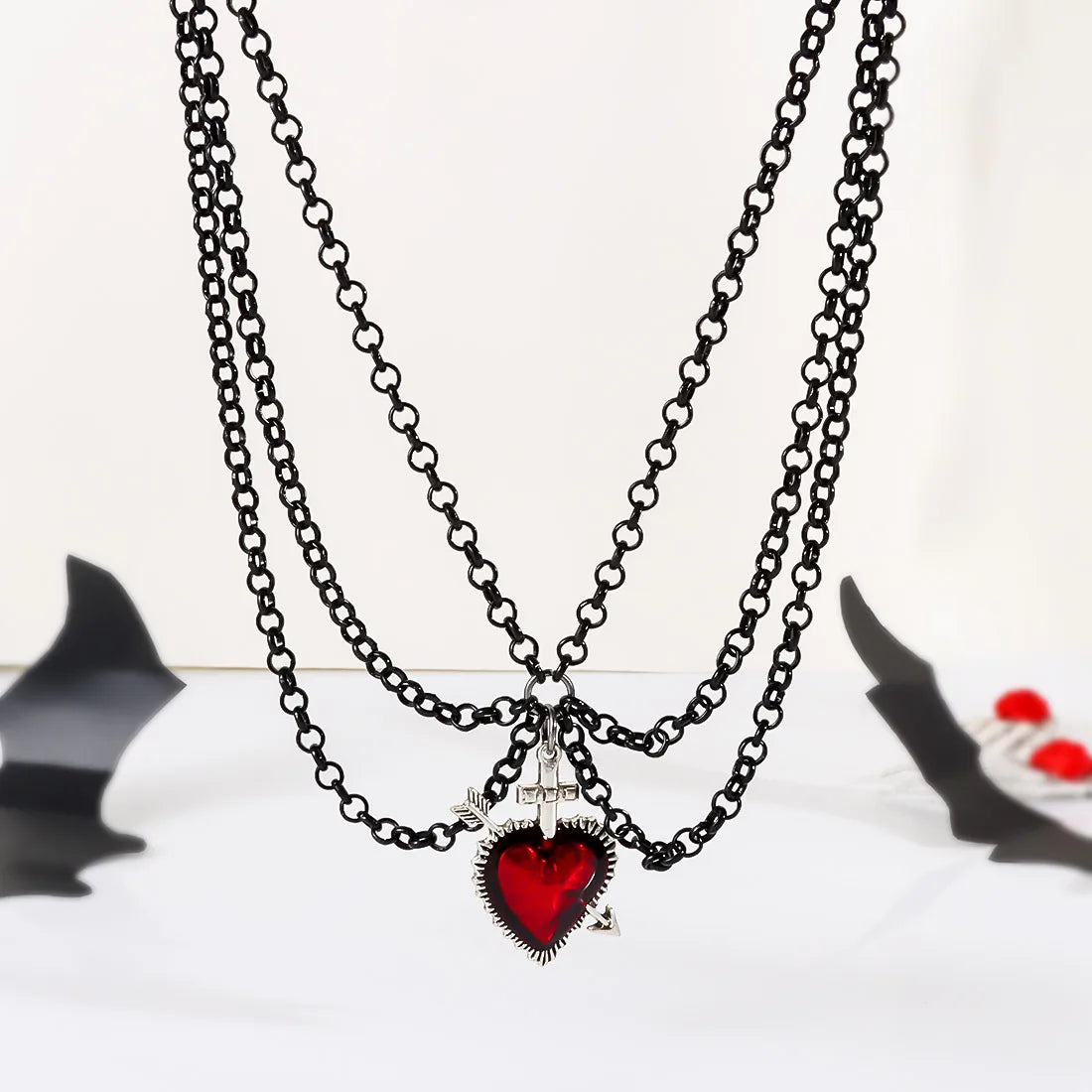 “Gothic Retro Heart Necklace – Black Layered Chain Choker with Red Sacred Heart Pendant