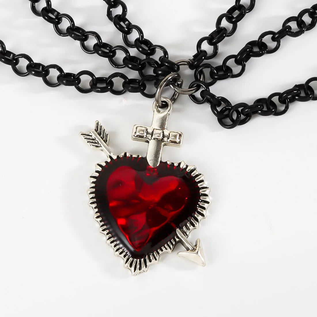 “Gothic Retro Heart Necklace – Black Layered Chain Choker with Red Sacred Heart Pendant