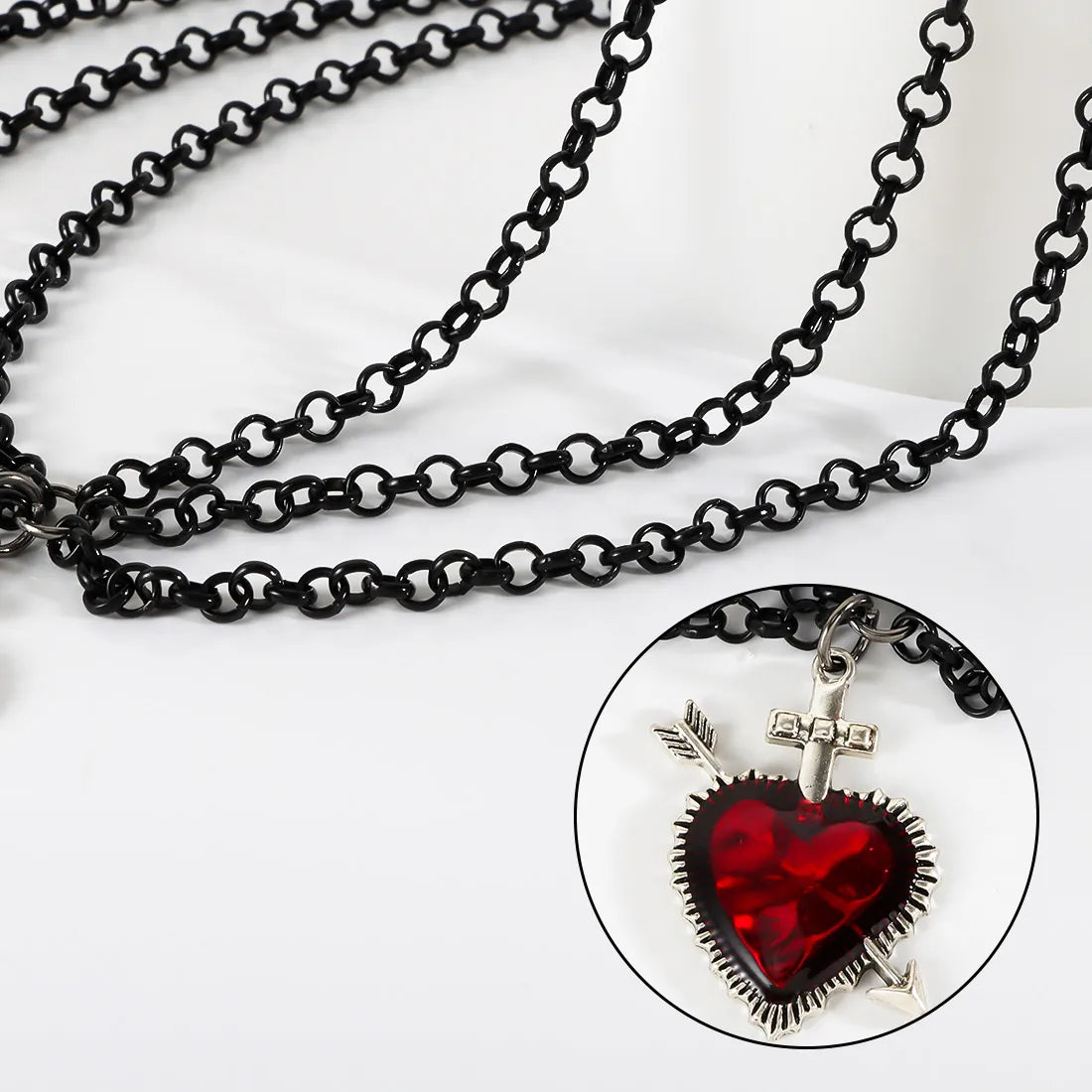 “Gothic Retro Heart Necklace – Black Layered Chain Choker with Red Sacred Heart Pendant