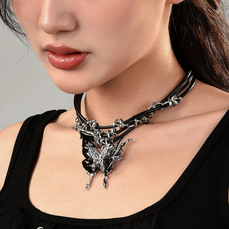 Gothic Punk Choker Set – Spiked Chain with Butterfly & Star Pendants