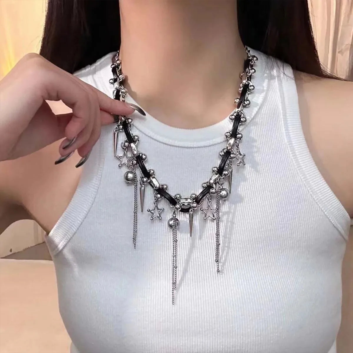 Hip-Hop Punk Star Tassel Necklace – Gothic Chain Choker with Spikes & Pearl Charms