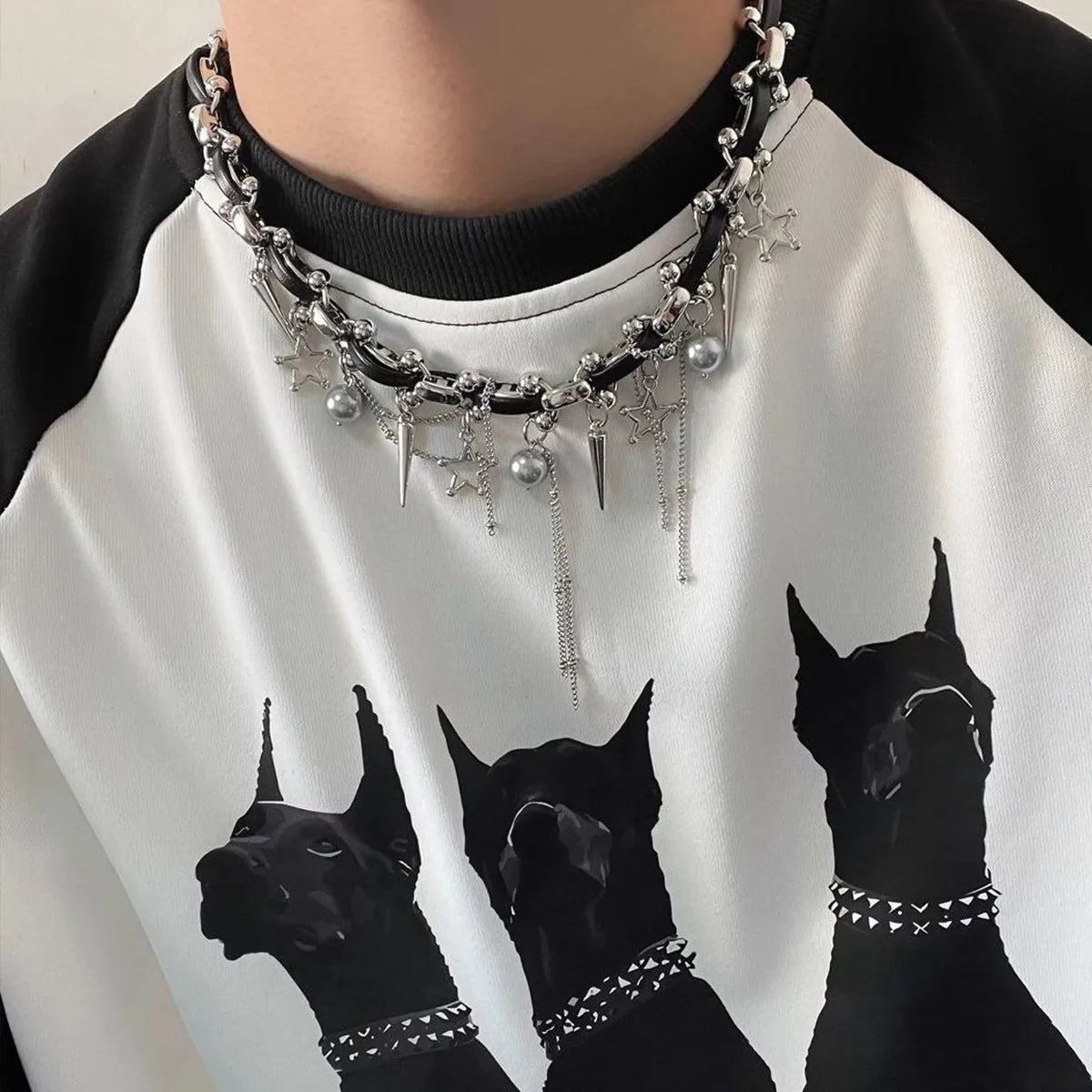 Hip-Hop Punk Star Tassel Necklace – Gothic Chain Choker with Spikes & Pearl Charms