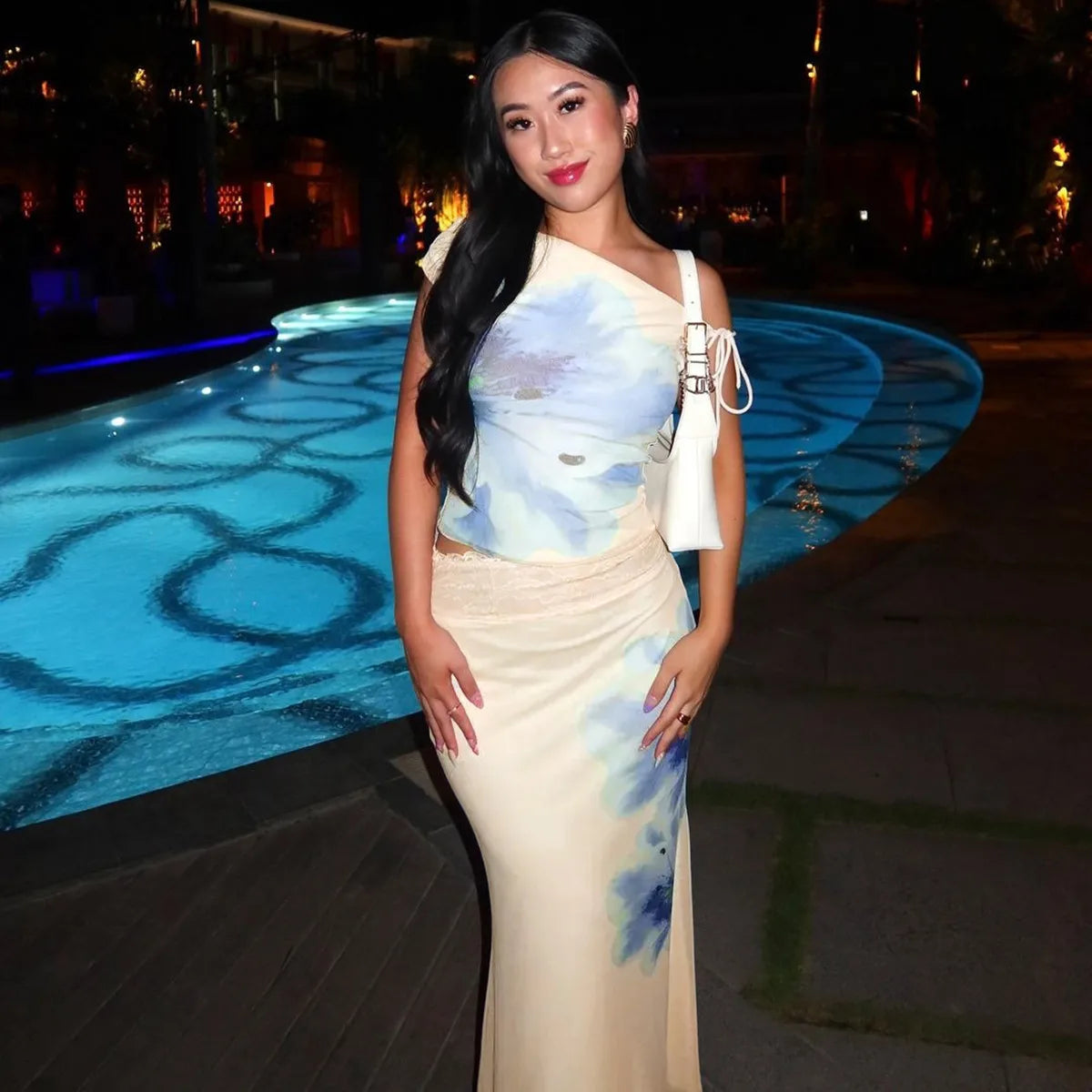 Women's Elegant Off-Shoulder Floral Print Two-Piece Set – Crop Top & Maxi Skirt Holiday Outfit