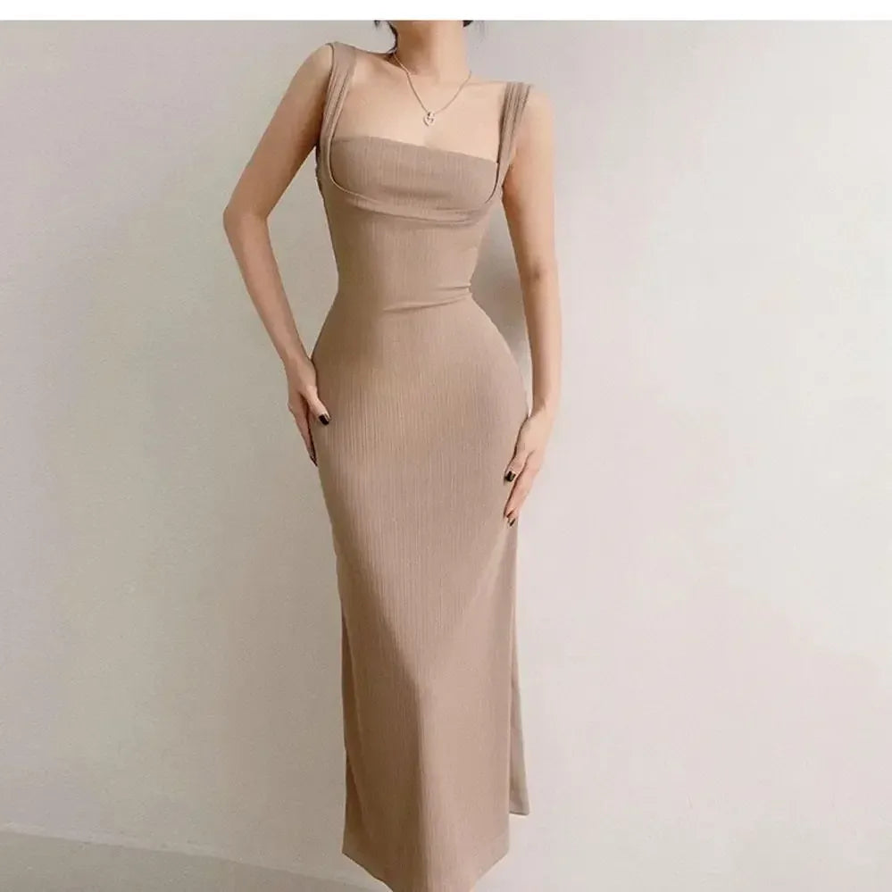 Women's Elegant Sleeveless Square Neck Bodycon Maxi Dress β Slim Fit Waist Cinching Long Dress