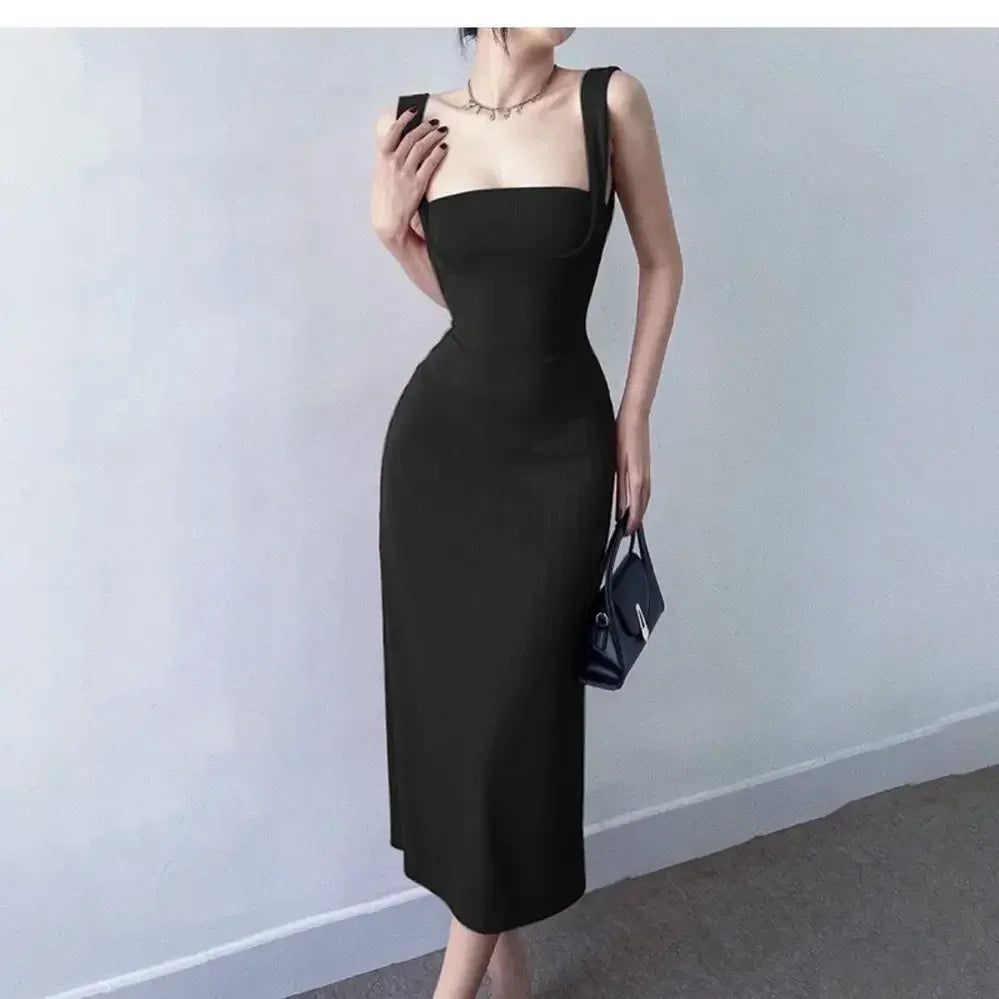 Women's Elegant Sleeveless Square Neck Bodycon Maxi Dress β Slim Fit Waist Cinching Long Dress