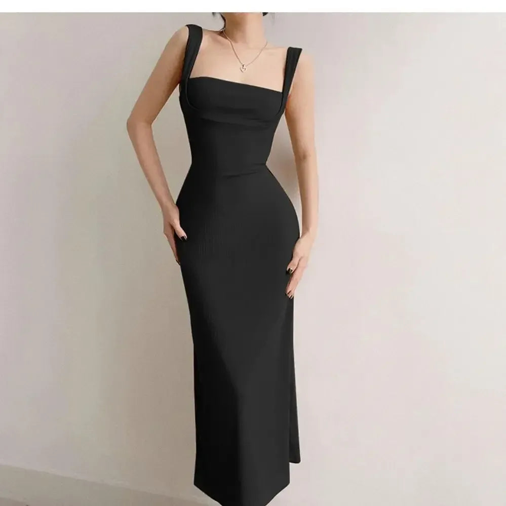 Women's Elegant Sleeveless Square Neck Bodycon Maxi Dress β Slim Fit Waist Cinching Long Dress