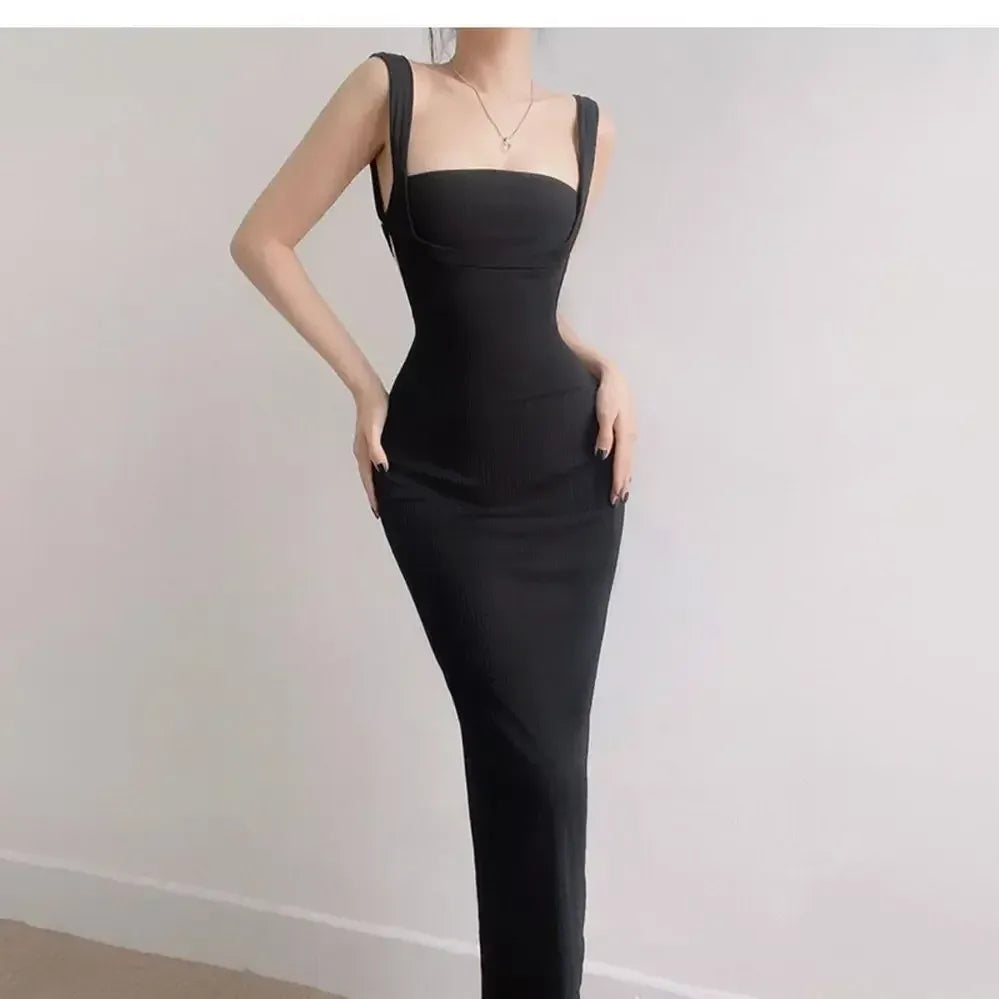 Women's Elegant Sleeveless Square Neck Bodycon Maxi Dress β Slim Fit Waist Cinching Long Dress