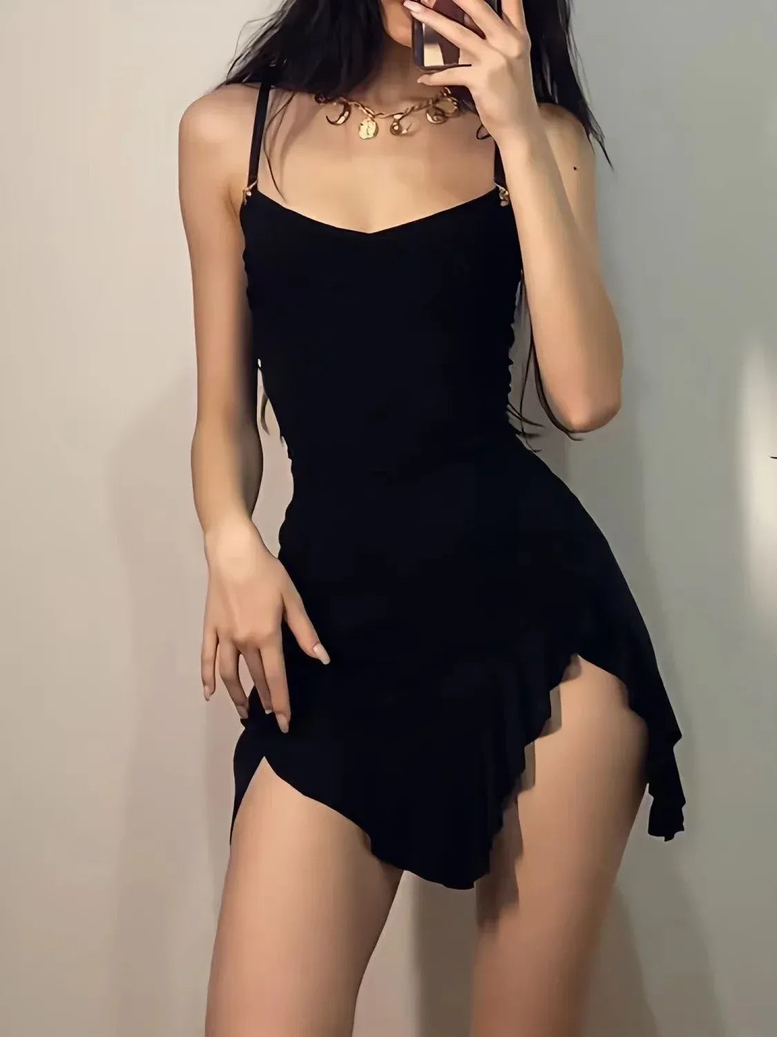 Women's Retro Black Irregular Slit Bodycon Mini Dress