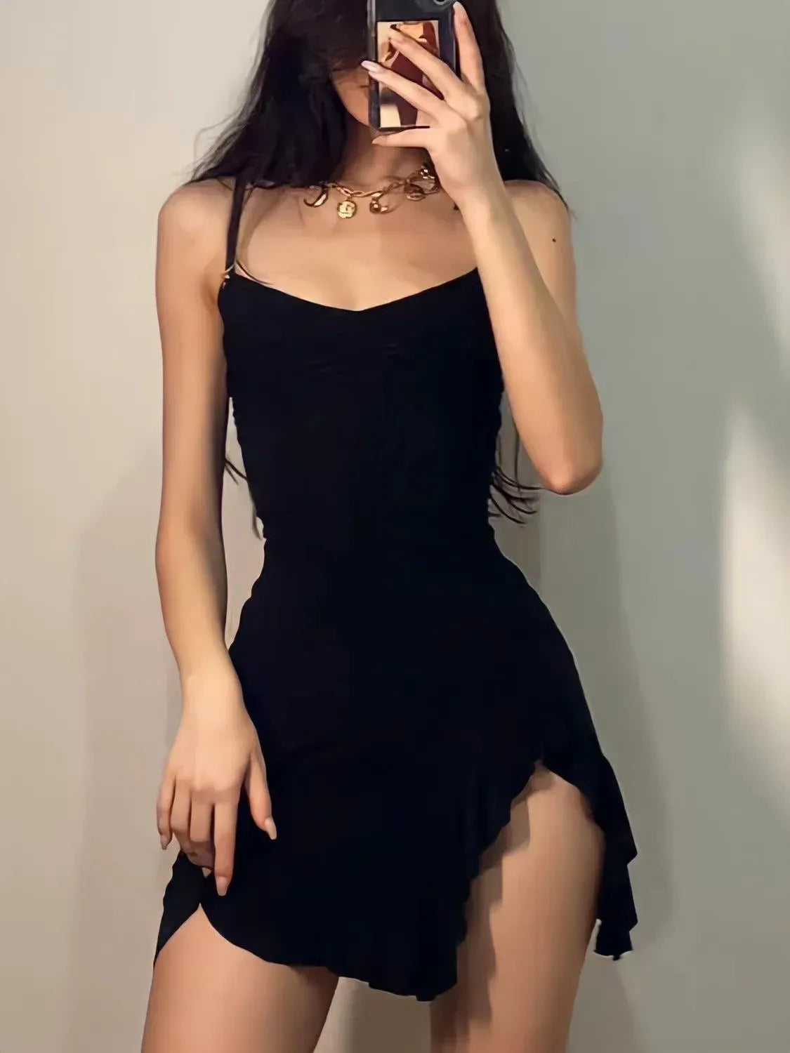 Women's Retro Black Irregular Slit Bodycon Mini Dress