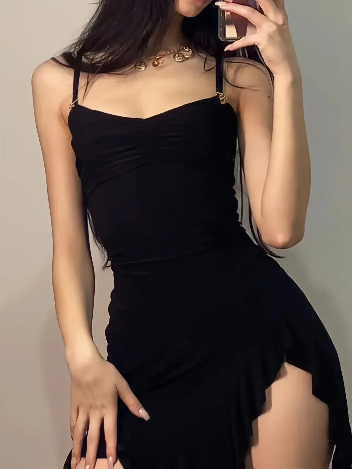 Women's Retro Black Irregular Slit Bodycon Mini Dress