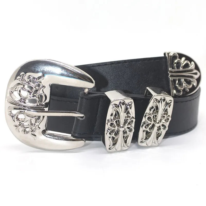 Y2K Streetwear Pink PU Leather Belt – Gothic Alloy Buckle & Vintage Floral Engraved Design