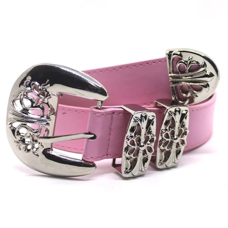 Y2K Streetwear Pink PU Leather Belt – Gothic Alloy Buckle & Vintage Floral Engraved Design