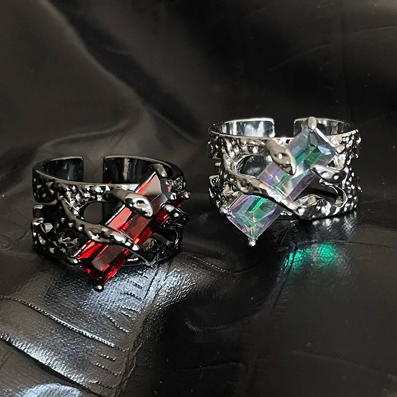 Gothic Lava Thorn Crystal Ring – Adjustable Open Ring