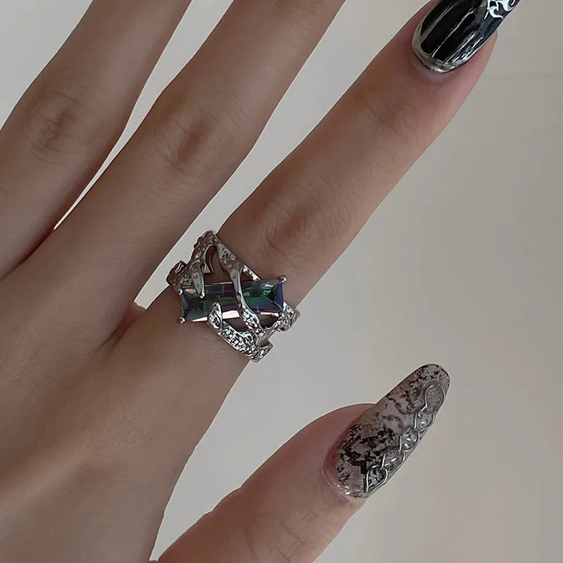 Gothic Lava Thorn Crystal Ring – Adjustable Open Ring