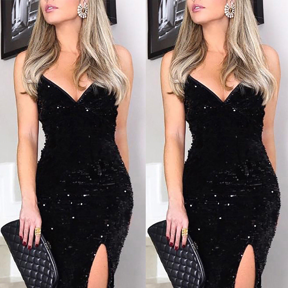 Women's Fashion Solid Color Pencil Dress – V-Neck, Sleeveless, Slit Patchwork Banquet Party Dress
