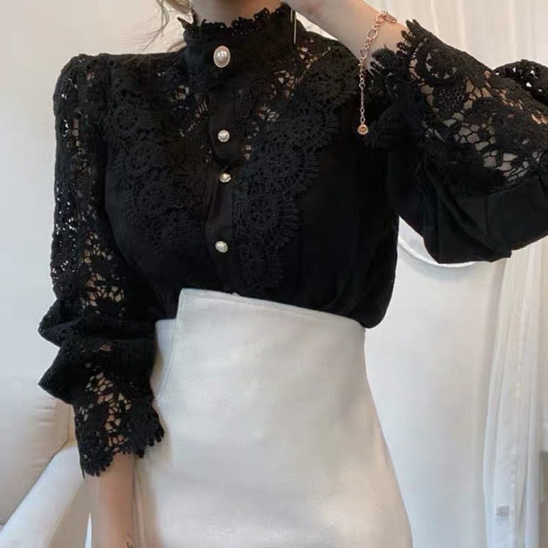 Women’s British Style Patchwork Blouse – Solid Color Long Sleeve Shirt
