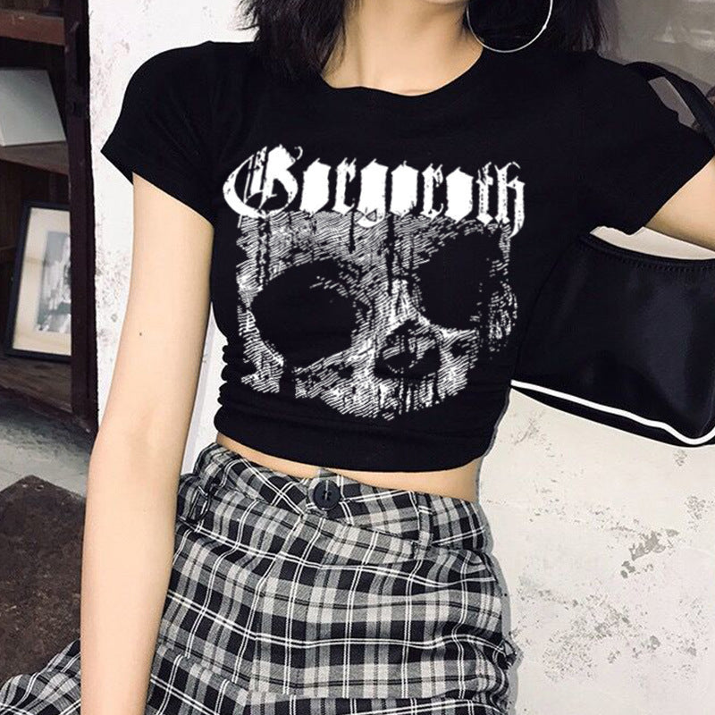 Women’s Punk Skull Graphic T-Shirt – Short Sleeve Streetwear Gothic Style Top