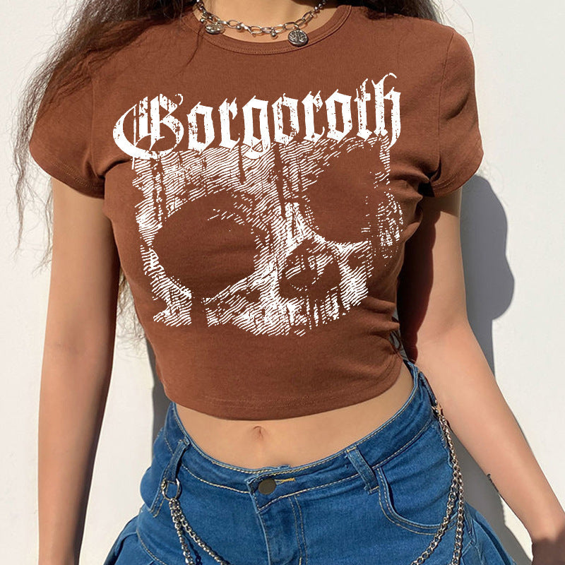 Women’s Punk Skull Graphic T-Shirt – Short Sleeve Streetwear Gothic Style Top