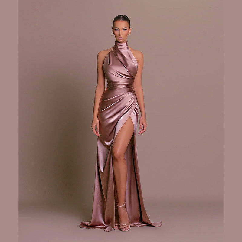 Women's Elegant Sleeveless Standing Collar Party Dress – Solid Color Evening Outfit