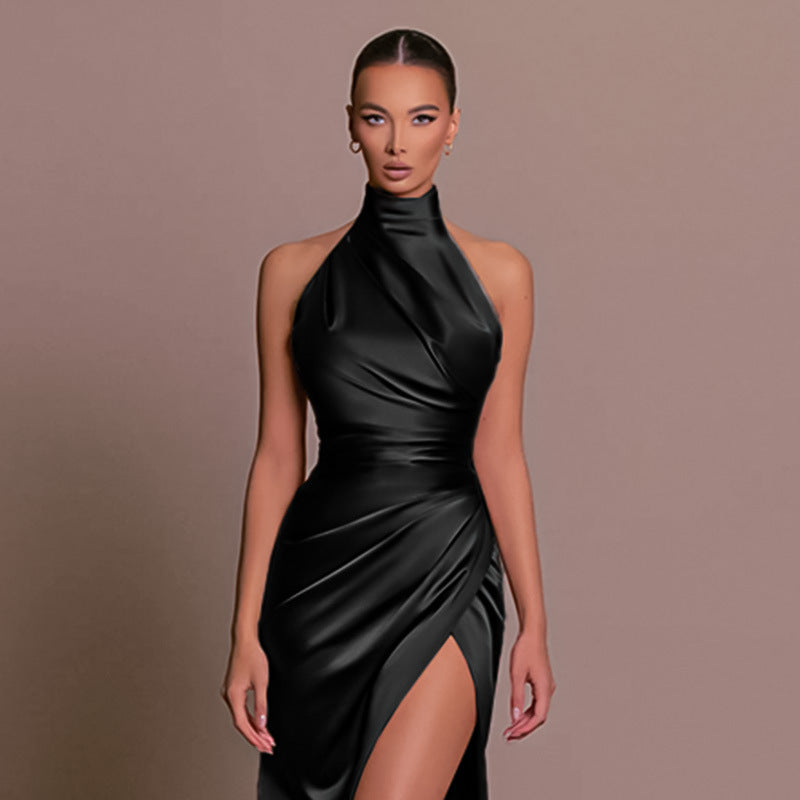 Women's Elegant Sleeveless Standing Collar Party Dress – Solid Color Evening Outfit