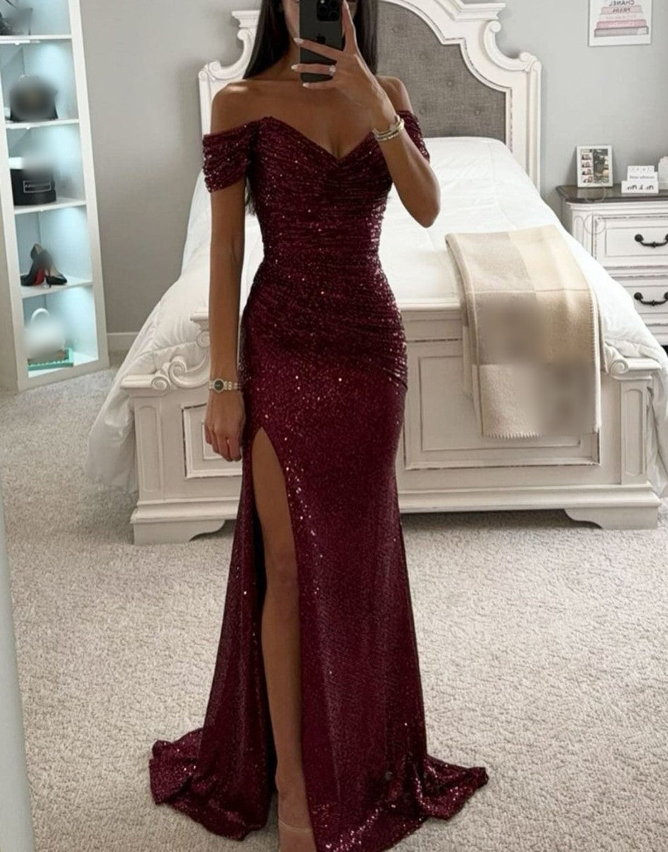Women's Classic Sequin Party Dress – V-Neck, Sleeveless, Slit, Solid Color Banquet Evening Gown