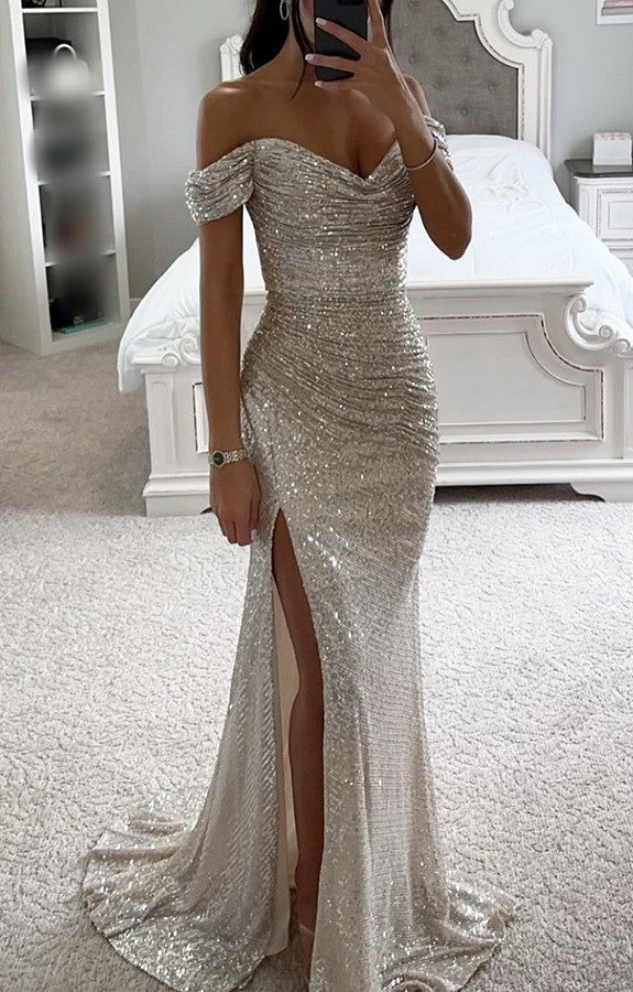Women's Classic Sequin Party Dress – V-Neck, Sleeveless, Slit, Solid Color Banquet Evening Gown