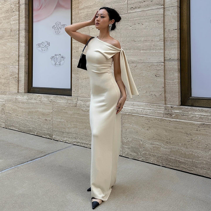 Women's Sexy Solid Color Sheath Dress – Oblique Collar, Sleeveless, Ribbon Detail, Party & Date Night Dress