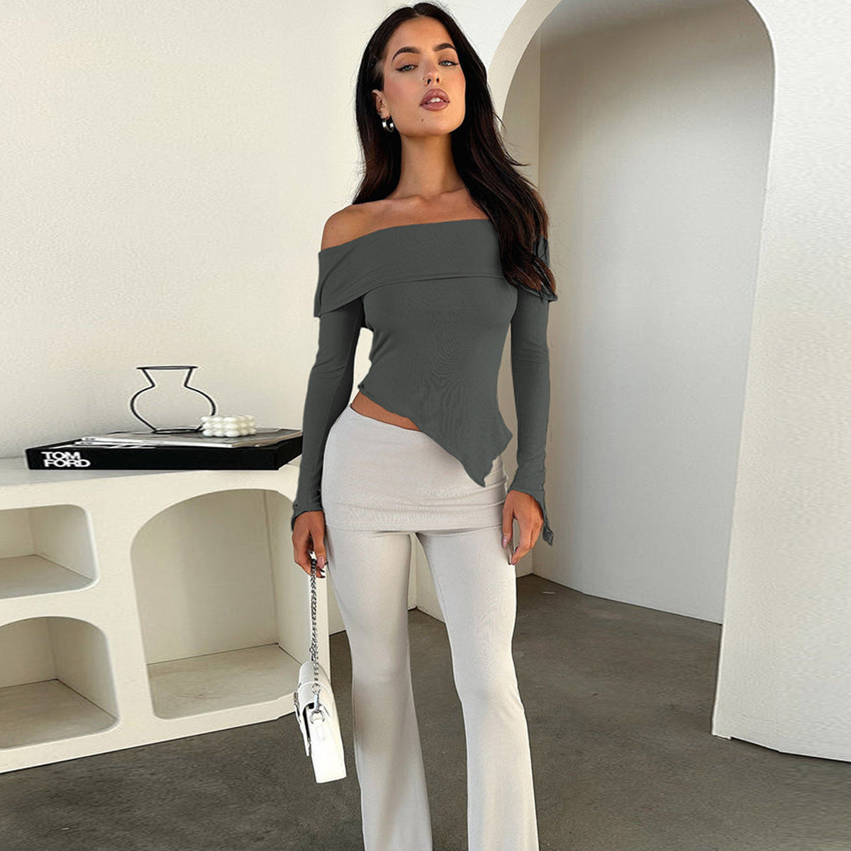 Women’s Sexy Patchwork T-Shirt – Solid Color Long Sleeve Slim Fit Top