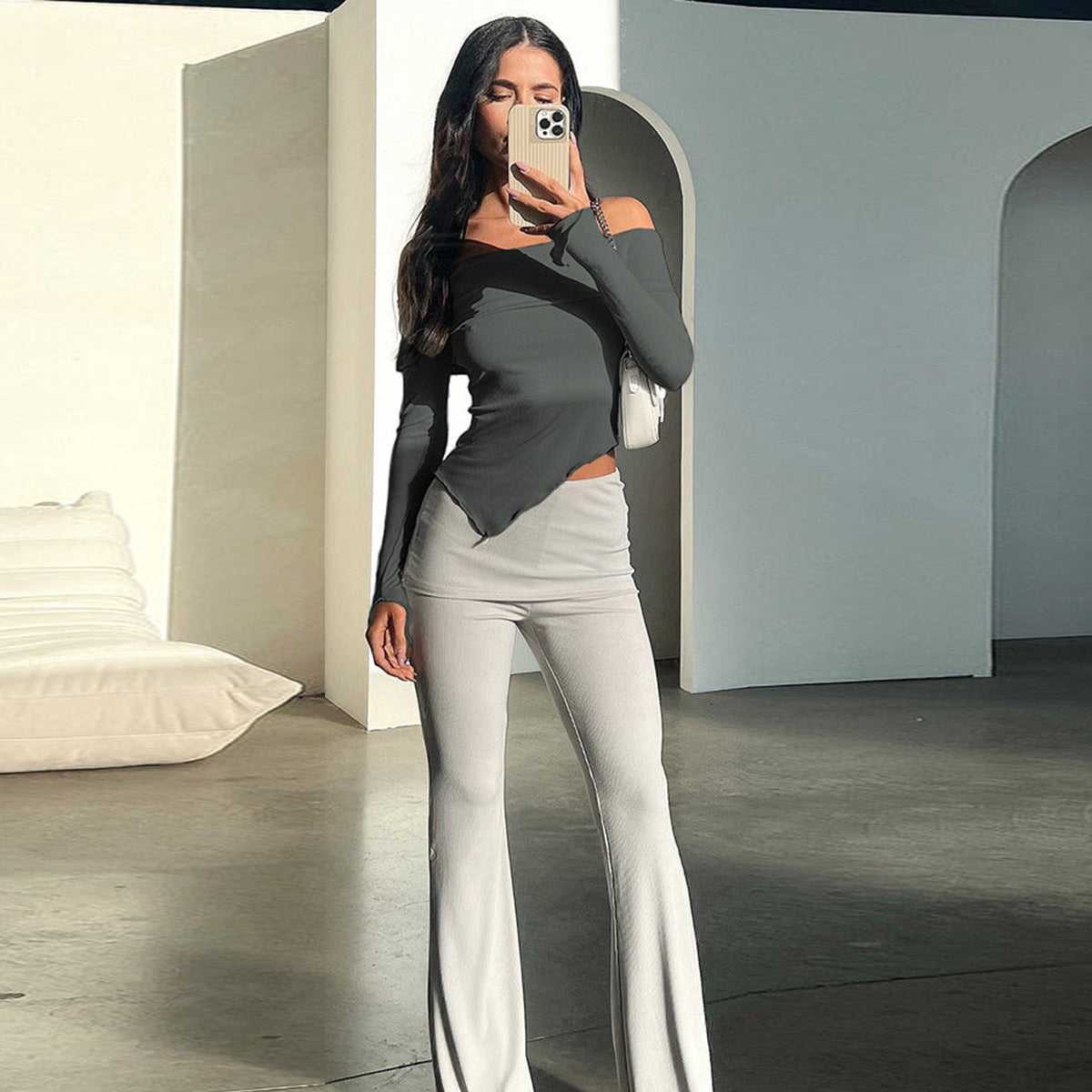 Women’s Sexy Patchwork T-Shirt – Solid Color Long Sleeve Slim Fit Top
