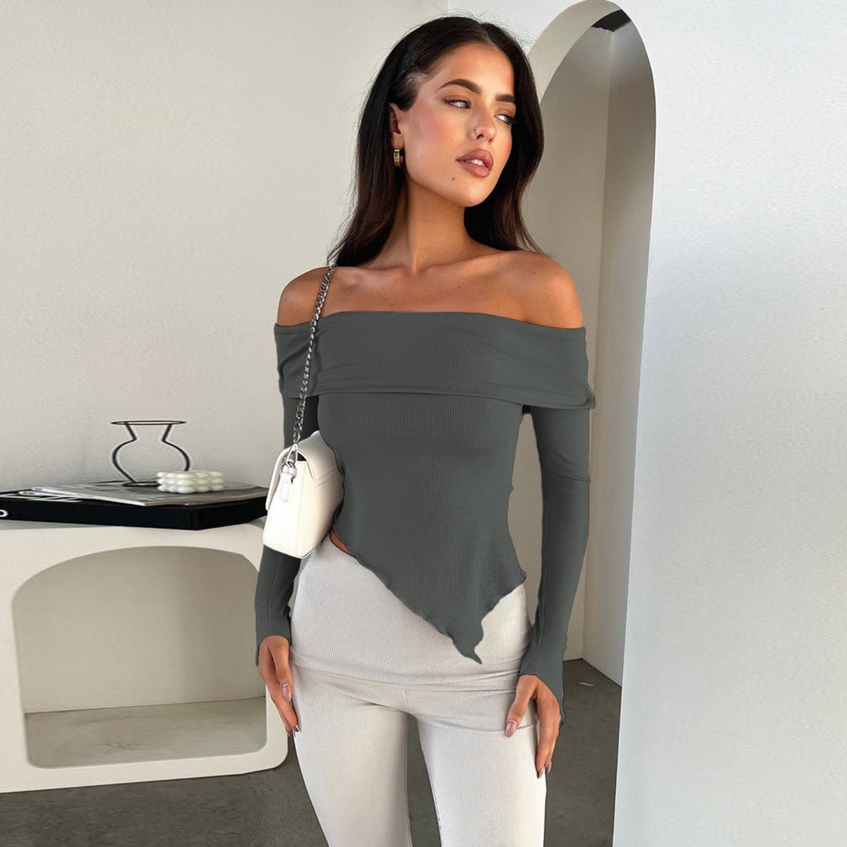 Women’s Sexy Patchwork T-Shirt – Solid Color Long Sleeve Slim Fit Top