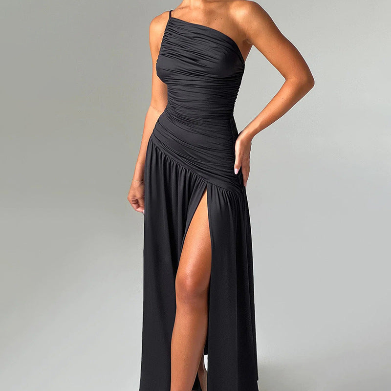 Women's Sexy Solid Color Princess Dress – Oblique Collar, Sleeveless, Banquet & Date Night Outfit