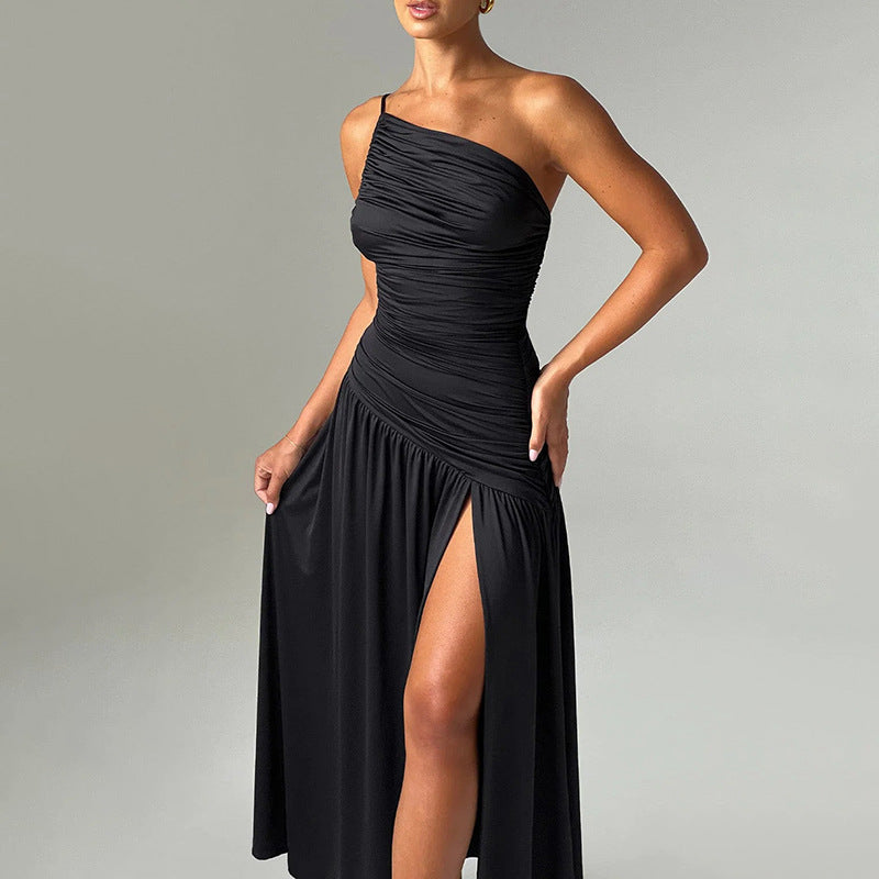 Women's Sexy Solid Color Princess Dress – Oblique Collar, Sleeveless, Banquet & Date Night Outfit
