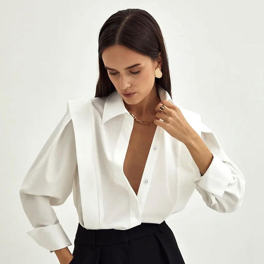 Women’s Elegant White Shirt – Solid Color Long Sleeve Button Down Blouse