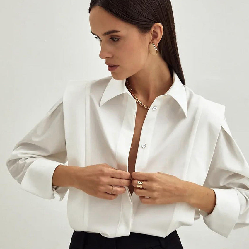 Women’s Elegant White Shirt – Solid Color Long Sleeve Button Down Blouse